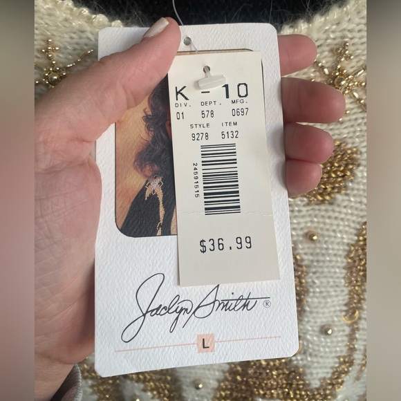 NWT Jocelyn Smith Vintage Beaded Gold Ivory Black Holiday Fancy Sweater Size L - Picture 7 of 8